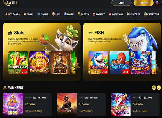 aaajili casino interface overview showing dark lobby, provider tiles, and navigation sections